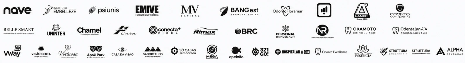 Empresas atendidas: Nave, Instituto Embelleze, Psiunis, Emive, MV Capital, BANGest, OdontoFloramar, Lamepi, OdontoCompany, Uninter e demais marcas da apresentação.